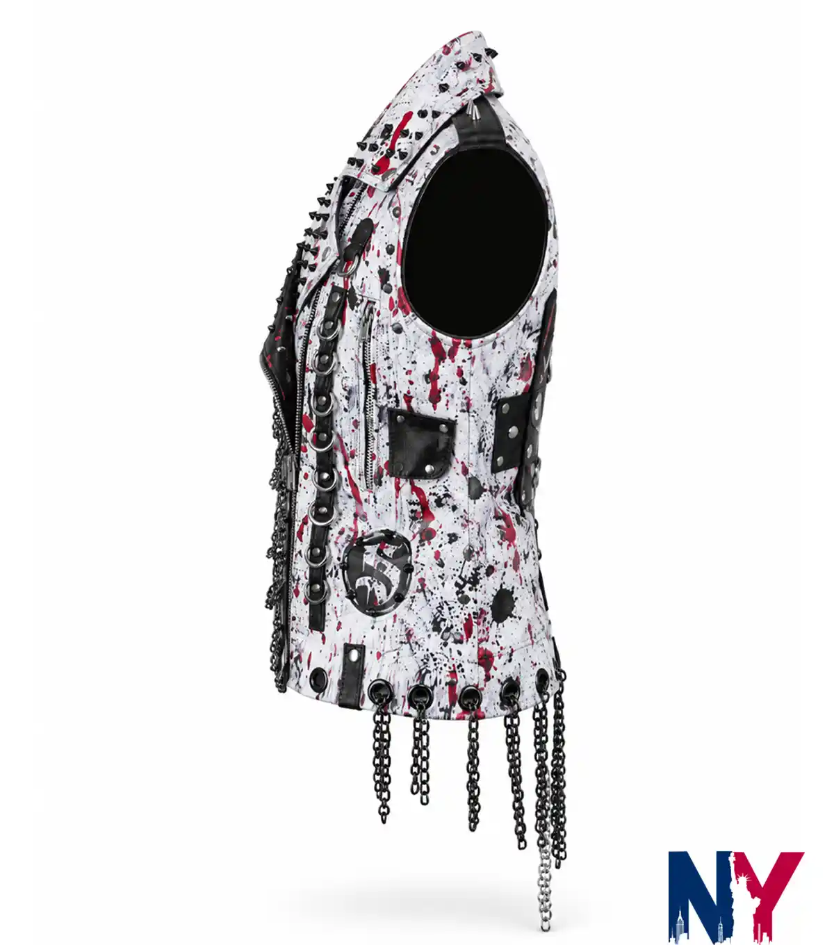 Close-up of Rhea Ripley WWE Monday Night RAW 2026 Black and White Leather Chain and Spiked Vest