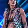 Close-up of Rhea Ripley WWE Monday Night RAW 2026 Chain and Spiked Black and White Leather Vest