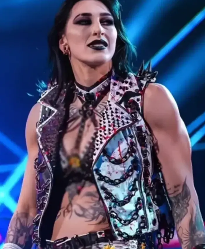 Close-up of Rhea Ripley WWE Monday Night RAW 2026 Chain and Spiked Black and White Leather Vest