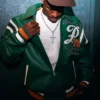 Close-up of Vinícius Júnior Pelle Pelle Soda Club 78 Green Bomber Leather Jacket Sale