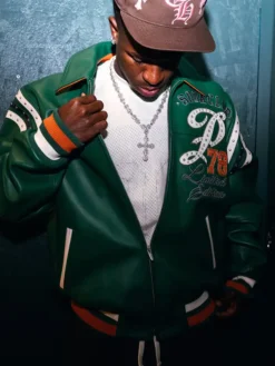 Close-up of Vinícius Júnior Pelle Pelle Soda Club 78 Green Bomber Leather Jacket Sale