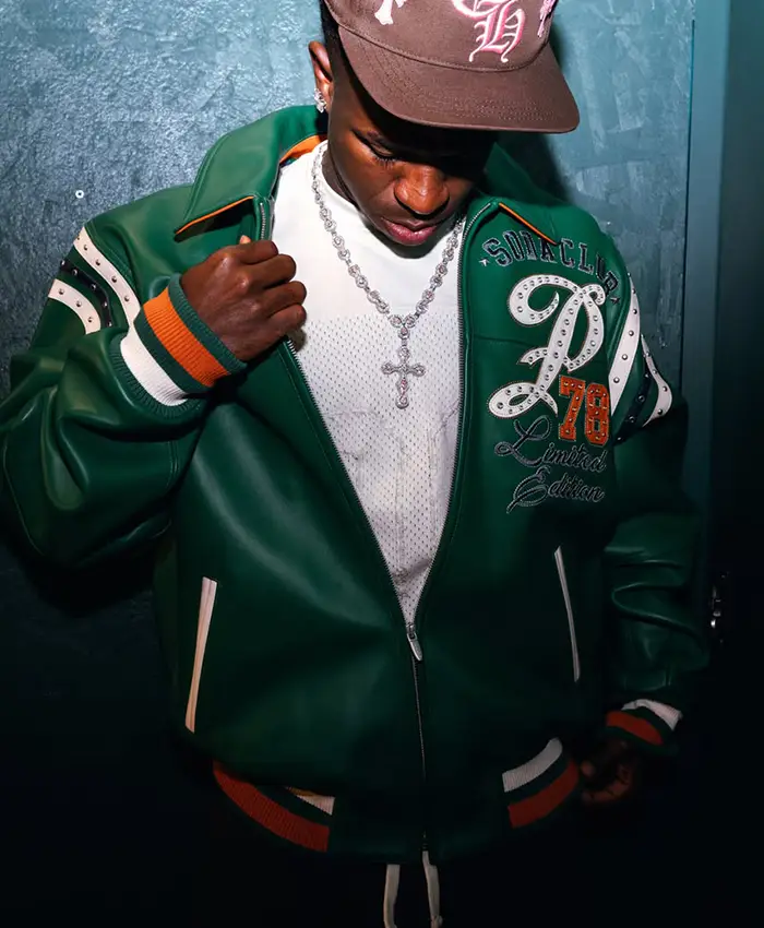 Close-up of Vinícius Júnior Pelle Pelle Soda Club 78 Green Bomber Leather Jacket Sale