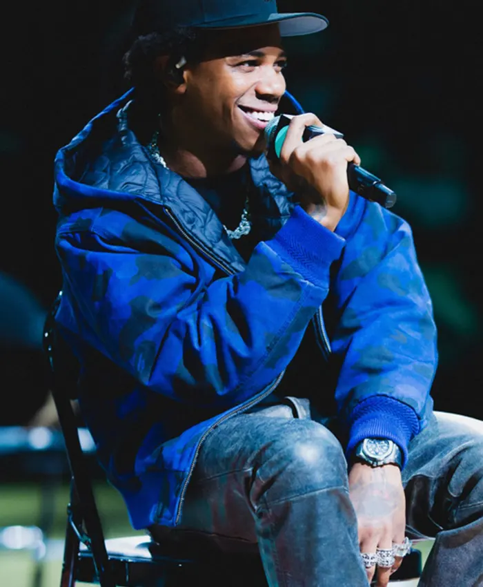 Close-up of WNBA New York Liberty Halftime Show A-Boogie Wit Da Hoodie Camouflage Blue Hooded Jacket