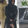 Close-view Bianca Censori Westwood Los Angeles Black Leather Long Trench Coat
