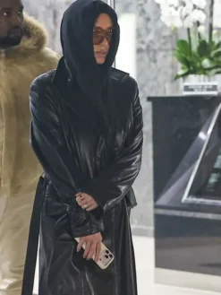 Close-view Bianca Censori Westwood Los Angeles Black Leather Long Trench Coat