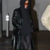 Close-view Bianca Censori Westwood Los Angeles Leather Trench Black Long Coat