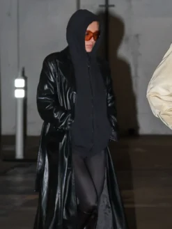 Close-view Bianca Censori Westwood Los Angeles Leather Trench Black Long Coat