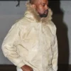 Close-view Kanye West Westwood Los Angeles Cream Satin Fur Hooded Bomber Jacket