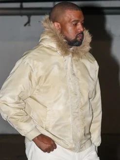 Close-view Kanye West Westwood Los Angeles Cream Satin Fur Hooded Bomber Jacket