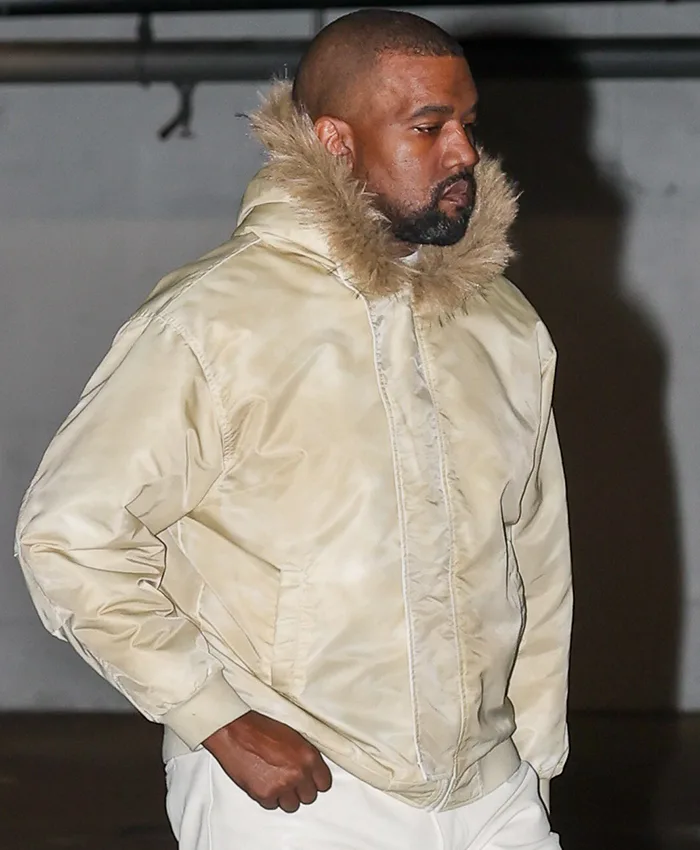 Close-view Kanye West Westwood Los Angeles Cream Satin Fur Hooded Bomber Jacket