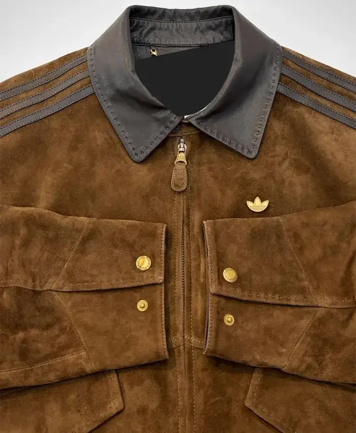 Close view of Adidas Originals Refined Luxe Dark Brown Suede Leather Jacket Sale