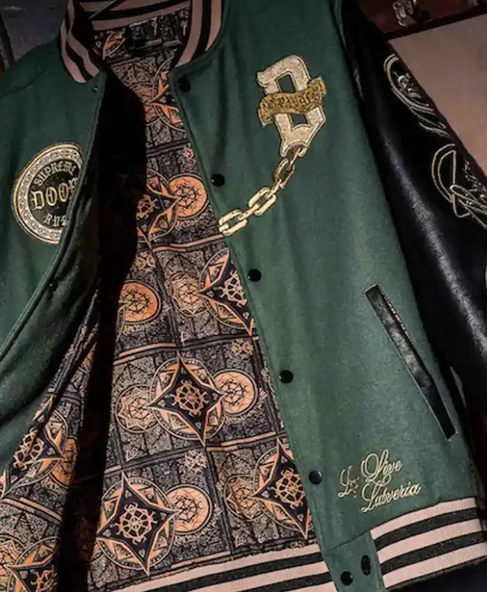 Close view of Avengers Doomsday NYCC 2026 Heroes and Villains Doctor Doom Supreme Ruler Without Rival Green Varsity Jacket