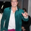 Close view of Brad Pitt James Blake Show 2026 Paris Trucker Green Suede Leather Jacket