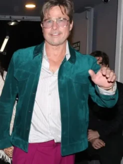 Close view of Brad Pitt James Blake Show 2026 Paris Trucker Green Suede Leather Jacket