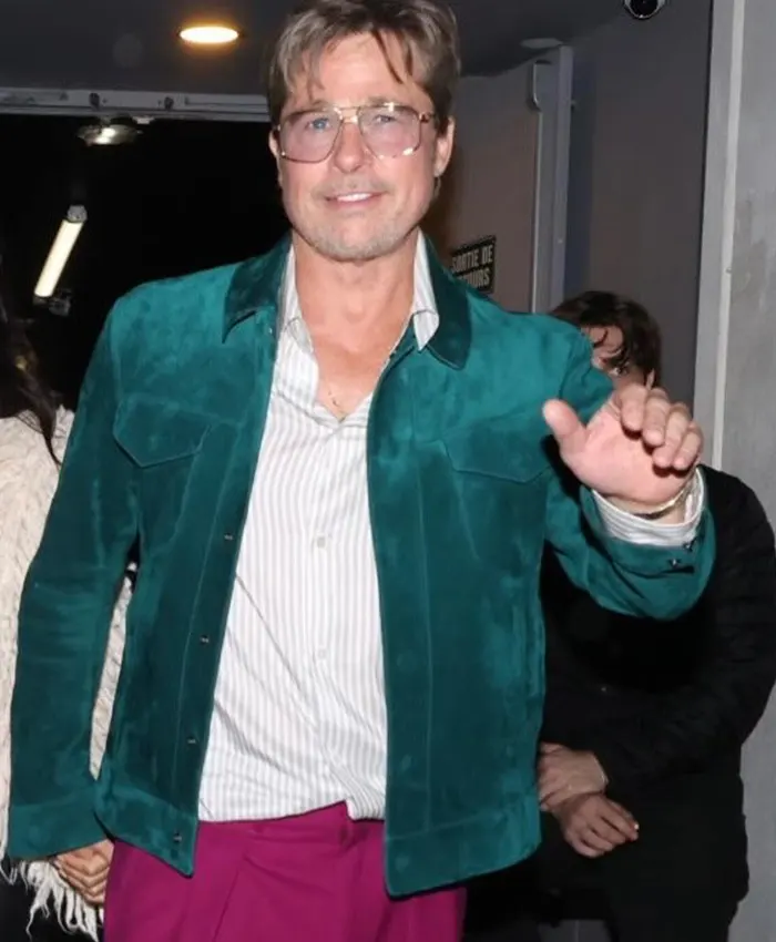Close view of Brad Pitt James Blake Show 2026 Paris Trucker Green Suede Leather Jacket