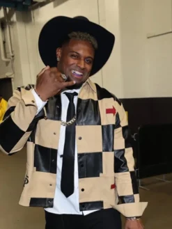 Close view of Cam Jordan NFL New Orleans Saints Arrival Checkered Black And Beige Leather Jacket