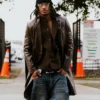 Close view of Grant Delpit NFL Cleveland Browns Arrival Distressed Brown Leather Coat