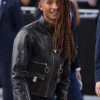 Close view of Jaden Smith Louis Vuitton Spring-Summer 2027 Paris Fashion Week Black Leather Jacket