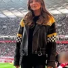 Close view of MLB Chicago White Sox Robert Lewandowski Wife Anna Lewandowska Black-Yellow Moto Leather Jacket