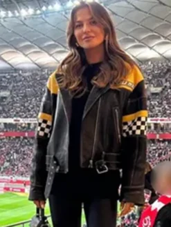 Close view of MLB Chicago White Sox Robert Lewandowski Wife Anna Lewandowska Black-Yellow Moto Leather Jacket