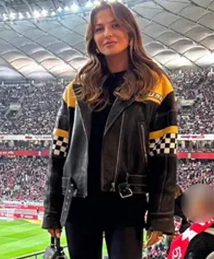 Close view of MLB Chicago White Sox Robert Lewandowski Wife Anna Lewandowska Black-Yellow Moto Leather Jacket