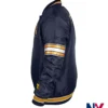 Close view of MLB Milwaukee Brewers Midfield Satin Navy Blue Varsity Jacket