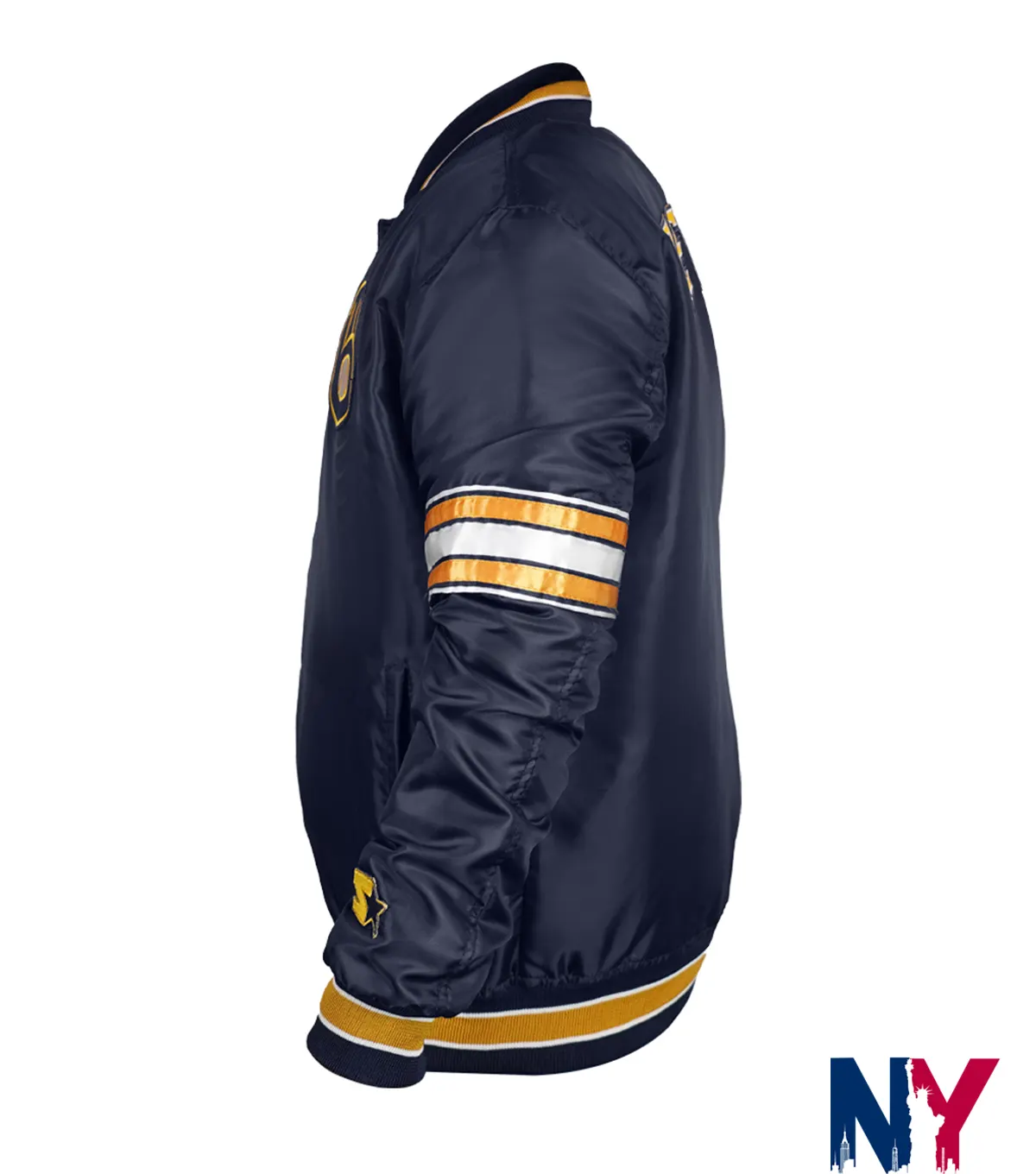 Close view of MLB Milwaukee Brewers Midfield Satin Navy Blue Varsity Jacket