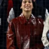 Close view of MLB New York Yankees vs Tampa Bay Rays Dua Lipa Red Croc Leather Trench Coat