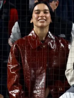 Close view of MLB New York Yankees vs Tampa Bay Rays Dua Lipa Red Croc Leather Trench Coat