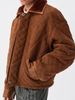 Close view of Men's Brown Suede Leather & Shearling Collar Quilted Blouson Jacket Sale