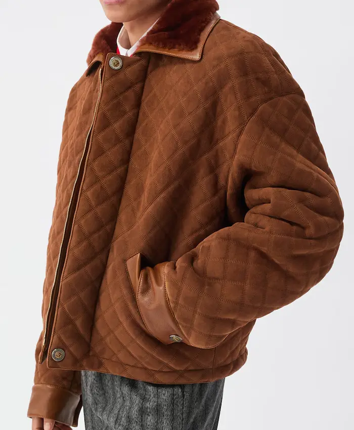 Close view of Men's Brown Suede Leather & Shearling Collar Quilted Blouson Jacket Sale