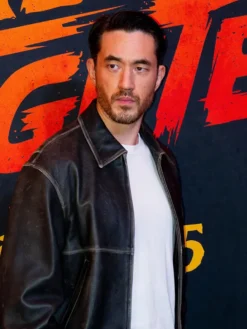 Andrew Koji Movie Street Fighter 2026 Mexico City Distressed Black Leather Jacket front view