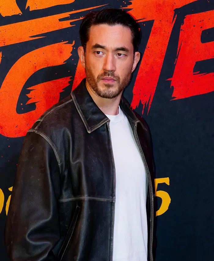 Andrew Koji Movie Street Fighter 2026 Mexico City Distressed Black Leather Jacket front view