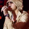 Close view of Movie Street Fighter 2026 Mexico City El Bogueto Louis Vuitton Beige Satin Hooded Jacket