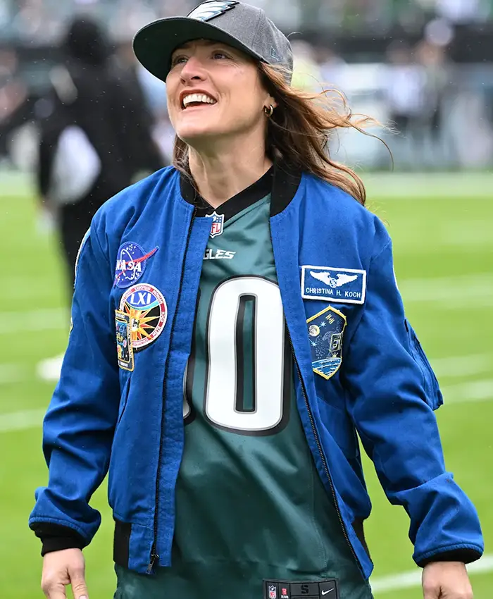 Close view of NASA Astronaut Christina Koch NFL Philadelphia Eagles Blue Cotton Flight Bomber Jacket