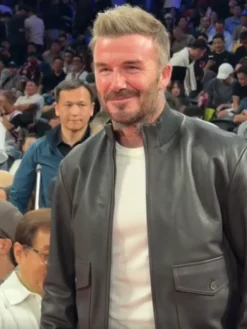 Close view of NBA China Game 2026 Houston Rockets vs Dallas Mavericks David Beckham Black Leather Jacket