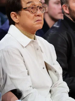 Close view of NBA China Game 2026 Houston Rockets vs Dallas Mavericks Jackie Chan White Cotton Jacket
