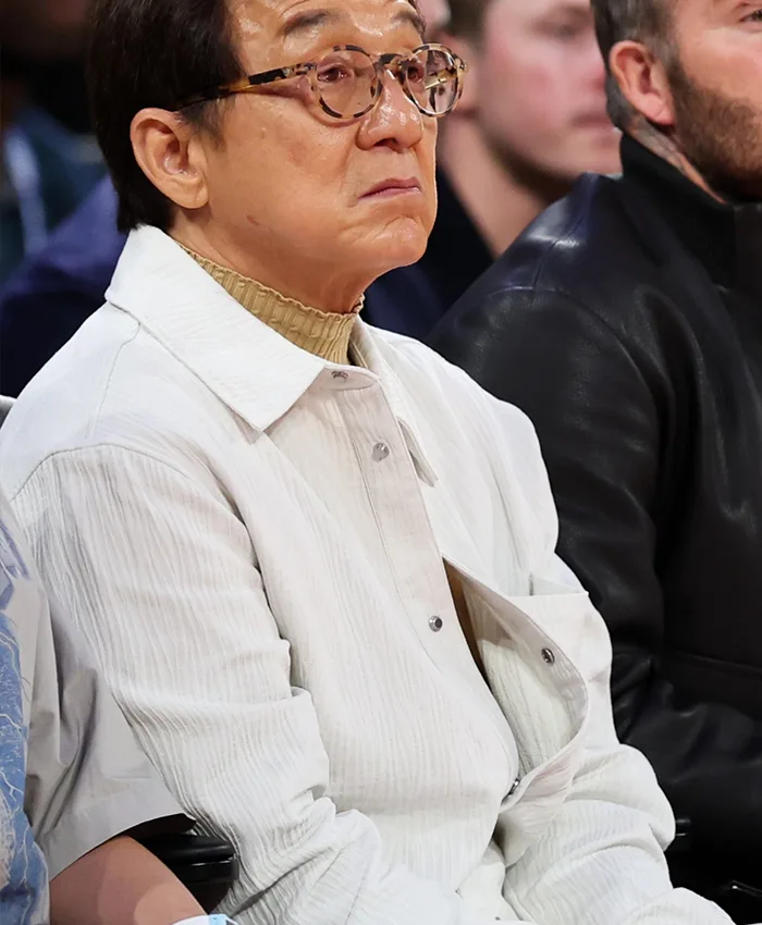 Close view of NBA China Game 2026 Houston Rockets vs Dallas Mavericks Jackie Chan White Cotton Jacket