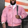 Close view of NFL Cleveland Browns Jared Verse Arrival Pink Leather Bomber Jacket Sale