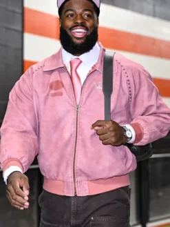 Close view of NFL Cleveland Browns Jared Verse Arrival Pink Leather Bomber Jacket Sale