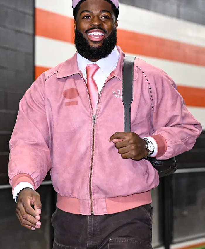 Close view of NFL Cleveland Browns Jared Verse Arrival Pink Leather Bomber Jacket Sale
