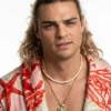 Close view of Noah Centineo Movie Street Fighter 2026 Ken Masters Coral Print Kimono Bathrobe