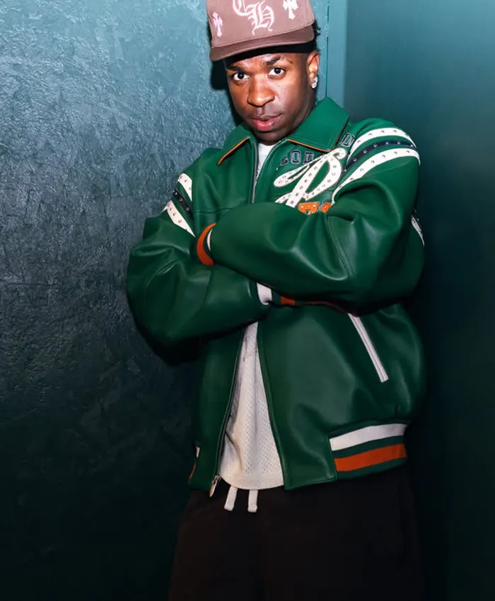 Close view of Pelle Pelle Soda Club 78 Vinícius Júnior Green Leather Bomber Jacket Sale