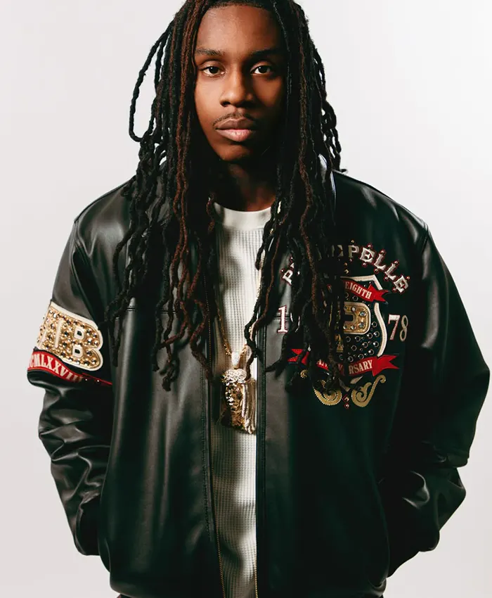 Close view of Pelle Pelle Unrivaled 48 Anniversary Polo G Black Leather Bomber Jacket