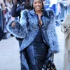 Close view of Porsha Williams Schiaparelli Paris Show Spring-Summer 2027 Faux Fur Grey Jacket
