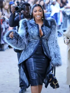 Close view of Porsha Williams Schiaparelli Paris Show Spring-Summer 2027 Faux Fur Grey Jacket