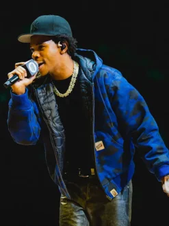 Close view of WNBA New York Liberty Halftime Show A-Boogie Wit Da Hoodie Blue Camouflage Hooded Jacket