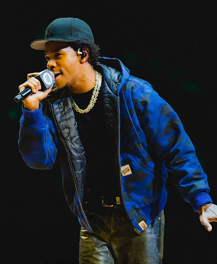 Close view of WNBA New York Liberty Halftime Show A-Boogie Wit Da Hoodie Blue Camouflage Hooded Jacket