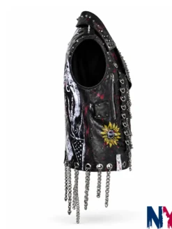 Close-view of WWE Monday Night RAW 2026 Rhea Ripley Black and White Leather Chain and Spiked Vest