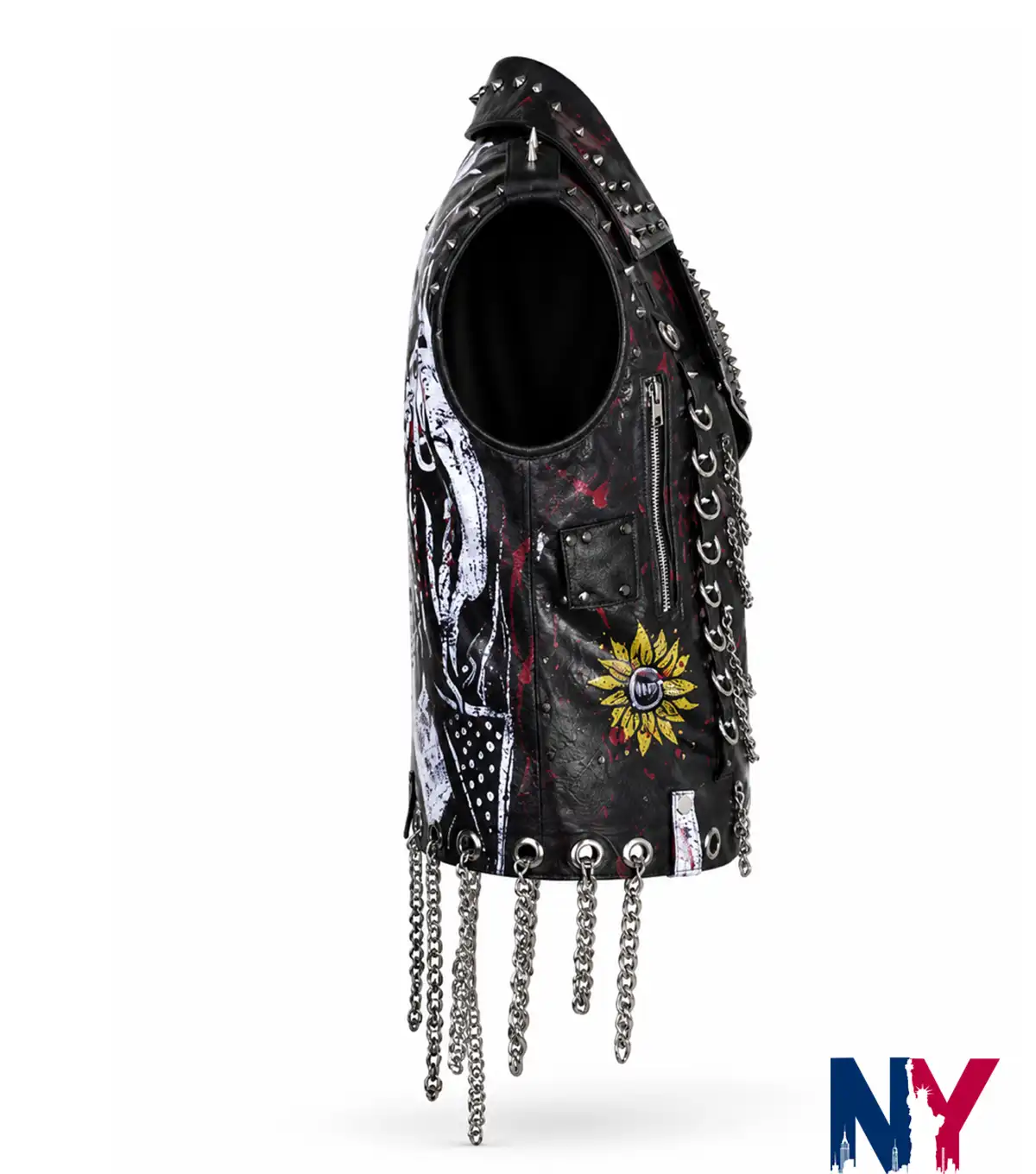 Close-view of WWE Monday Night RAW 2026 Rhea Ripley Black and White Leather Chain and Spiked Vest